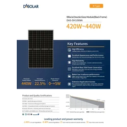 Aurinkosähkömoduuli PV-paneeli 430Wp DAS SOLAR DAS-DH108NA-430BF N-tyypin bifacial-kaksoislasimoduuli (musta kehys) Musta kehys