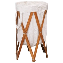 Foldable laundry basket, cream, wood and fabric