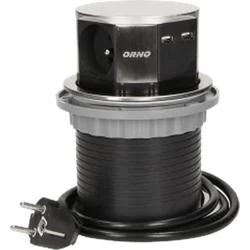 Orno Furniture socket?10cm extendable from the table top with USB charger and cable 1,5m, 3x2P+Z, 2xUSB, INOX