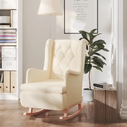 Cream rocking chair with rubber legs, upholstered in fabric