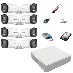 Bewakingssysteem 8 Hikvision ColorVu buitencamera's 5MP, wit licht 40m, DVR 8 Hikvision kanalen, accessoires, harde schijf