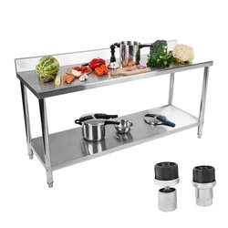 Kitchen table, stainless steel worktop with a rim and a bottom shelf 200x60cm