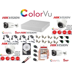 Blandet professionelt overvågningssæt Hikvision Color Vu 4 kameraer 5MP IR40m og IR20m DVR 4 kanaler fuldt tilbehør og HDD 1TB