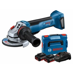 Bosch GWS 18V-10 P akkus sarokcsiszoló 18 V | 125 mm | 9000 RPM | Szénkefementes | 2 x 5 Ah akku + töltő | L-Boxx-ban