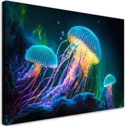 Canvas Print, Neon jellyfish underwater -120x80