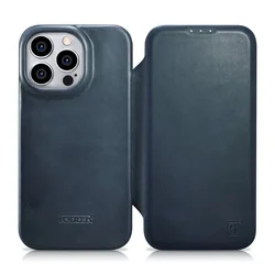 Capa de couro para iPhone 14 Pro Max com flip magnético MagSafe CE cera de óleo couro premium azul marinho