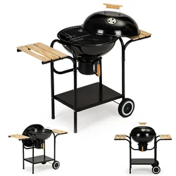 Charcoal garden grill with cover and shelves, grate and ash pan