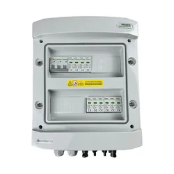 Collegamento quadro fotovoltaicoDCAC ermetico IP65 EMITER con scaricatore di sovratensione DC Noark 1000V tipo 2, 2 x stringa FV, 2 x MPPT // limite.Tipo AC Dehn 2, 20A 3-F