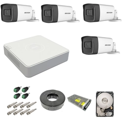 Complete kit 4 outdoor surveillance cameras 5MP TurboHD Hikvision IR 40M DVR 4 power supply channels hard accessories 1TB