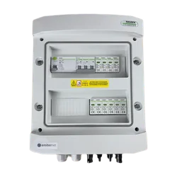 Conexão do painel fotovoltaicoDCAC hermético IP65 EMITER com pára-raios DC Noark 1000V tipo 1+2, 2 x cadeia PV, 2 x MPPT // limite.AC Noark tipo 1+2, 20A 3-F, RCD tipo A 40A/100mA