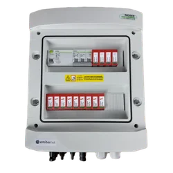 Conexão do painel fotovoltaicoEMITER hermético DCAC IP65 com pára-raios DC Dehn 1000V tipo 2, 2 x cadeia PV, 2 x MPPT // limite.AC Dehn tipo 2, 50A 3-F