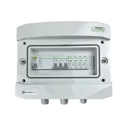 Conexión del cuadro fotovoltaicoAC hermético IP65 EMISOR con descargador de sobretensiones AC tipo Noark 2, 20A 3-F, RCD tipo A 40A/300mA