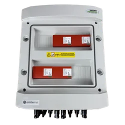 Conexión del cuadro fotovoltaicoDC hermético IP65 EMISOR con descargador de sobretensiones DC Dehn 1000V tipo 1+2, 8x Cadena fotovoltaica, 4x MPPT