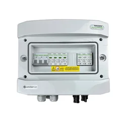 Conexión del cuadro fotovoltaicoDCAC hermético IP65 EMISOR con descargador de sobretensiones de CC Noark 1000V tipo 2, 1 x cadena fotovoltaica, 1 x MPPT // límite.AC Noark tipo 2, 16A 3-F