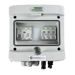 Conexión del cuadro fotovoltaicoDCAC hermético IP65 EMISOR con descargador de sobretensiones de CC Noark 1000V tipo 2, 1 x cadena fotovoltaica, 1 x MPPT // límite.AC Noark tipo 2, 20A 1-F