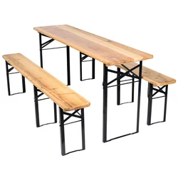 Conjunto mesa acero-madera + 2 bancos 170 cm