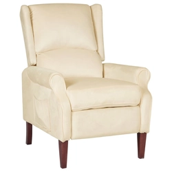 A reclining, cream armchair upholstered with velvet