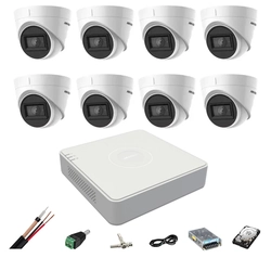 Hikvision video surveillance system 8 cameras 4 in 1 8MP IR 60m, DVR 8 channels 4K, accessories, Hard Disk