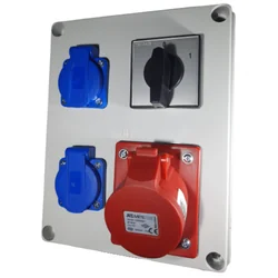 Distribution board 240x190mm equipped with 1 socket 5 poly 16A, 2 schuko sockets 16A and switch 3 x 40A IP44