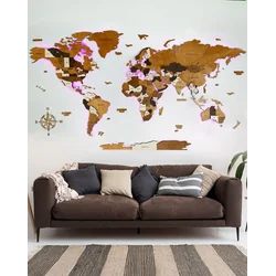 Dřevěná mapa světa osvětlená LED 3D Sikorka® 250x125cm Mocha