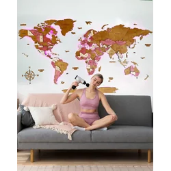 Dřevěná mapa světa osvětlená LED 3D Sikorka® 250x125cm Pinky