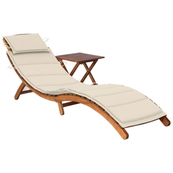 Garden sun lounger with table and cushion, solid acacia wood