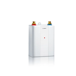 Egyfázisú átfolyású vízmelegítő, Bosch Tronic elektronikus vezérlésűTR4000 6 A hatalom ET 6,0 kW 230 V a mosdó alatt.