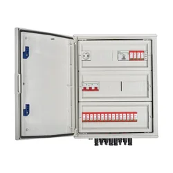 PV switchboard connectionDCAC hermetic IP66 EMITER with DC surge arrester Dehn 1000V type 2, 5 x PV chain, 5 x MPPT // limit.AC Dehn type 2, 100A 3-F, FR 100A, phase signal + socket