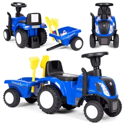 Ride-on tractor with trailer for children, interactive steering wheel, blue sounds