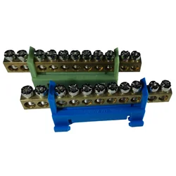 Set of terminal block clamps, bars for grounding and neutral, blue and green on the rail 11 max holes 16mm2 63A