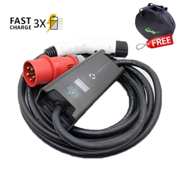 Portable electric car charging station, power limiter, Type 1, 7.4kW, 32A, single phase, 5.6 meters. red CEE connector, Polyfazer Z series