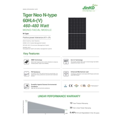 Fotogalvaaniline moodul PV paneel 480Wp Jinko Solar JKM480N-60HL4-V BF Tiger Neo N-tüüpi monofacial poollõigatud BF must raam