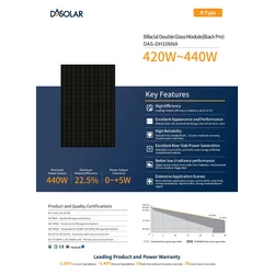 Fotovoltaický modul FV panel 425Wp DAS SOLAR DAS-DH108NA- 425B-PRO Bifaciální modul s dvojitým sklem typu N (Black Pro) Plně černá