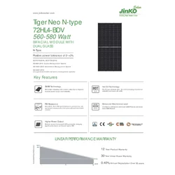 Fotovoltaikus modul PV panel 580Wp JINKO JKM580N-72HL4-BDV BF bifacial üveg Üveg ezüst keret Ezüst keret