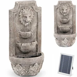 Fuente de jardín de pared solar con iluminación LED 3 cabeza de león horizontal 3 W