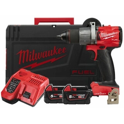 Furadeira de impacto sem fio Milwaukee M18ONEPD2-502X 18 V | 135 Nm | 0 - 13 mm | Carbono sem escova | 2 x 5 Ah bateria + carregador | No caso de serviço pesado