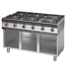 Gas cooker 6 burner 2x4,5kW + 2x7,5kW + 2x9,0 kW on an open cabinet base