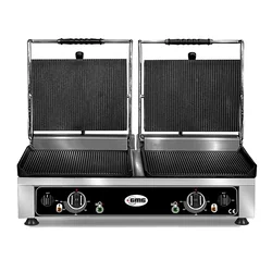 GMG - Double grill contact - ▲ & ▼ Nervuré - avec plaques en fonte, Bac à graisse et régulateur de température 50° - 300° C