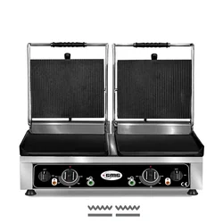 GMG - Grill doble de contacto - ▲ Estriado ▼ Liso - con placas de hierro fundido, Bandeja grasa y regulador de temperatura 50° - 300°