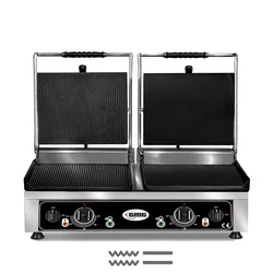 GMG - Grill doble de contacto - ▲ Estriado/Liso ▼ Estriado/Liso - con placas de hierro fundido, bandeja recoge grasa y regulador de temperatura