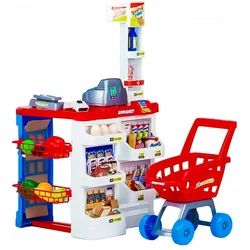 Grote supermarktsupermarktkraam voor kinderen met kassa, weegschaal en scanner