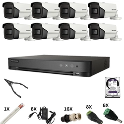 Hikvision novērošanas komplekts ar 8 kamerām, 8 megapikseļi, infrasarkanais 60m, DVR 8 kanāli 8 megapikseļi, cietais, aksesuāri