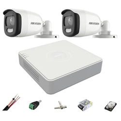 Hikvision surveillance systeem 2 camera's 5MP 2.8mm ColorVU, wit licht 20m, DVR 4 kanalen, accessoires, harde schijf 1TB