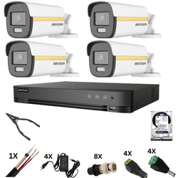 Hikvision surveillance system 4k with 4 Poc cameras, ColorVu 8 Megapixels, Color Light 40m at night, DVR 4 channels 8 Megapixels, Hard, Accessories
