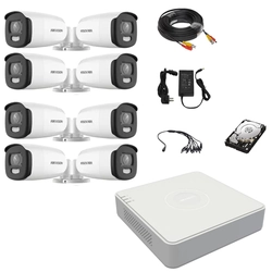 Hikvision videoövervakningssystem 8 ColorVu utomhuskameror 5MP, vitt ljus 40m, DVR 8 Hikvision-kanaler, tillbehör, hårddisk