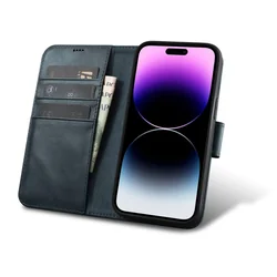 Husă din piele 2w1 cu clapă pentru iPhone 14 Pro Max Husă portofel cu ceară de ulei anti-RFID albastru