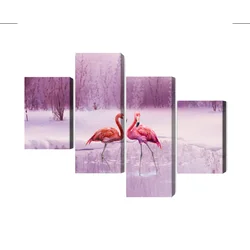 Imagem de várias peças de flamingos em um fundo de paisagem roxo