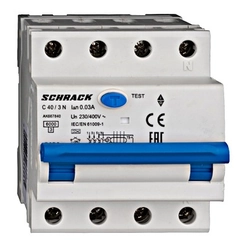 Interruptor Schrack AK667840 automático+dif. 3+N, AMPARO 6kA, C 40A, 30mA,tip A, estación de carga fija
