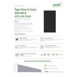 JINKO TIGER NEO Фотоволтаичен панелен модул 430W 430Wp JKM430N-54HL4-BDV черна рамка, двулицев Halfcut 430 W Wp N-тип