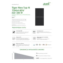 JINKO TIGER NEO fotovoltinės plokštės modulis 580W Bifacialas 580Wp JKM580N-72HL4-BDV Sidabrinis monofoninis perpjautas rėmas 580 W Wp N tipo